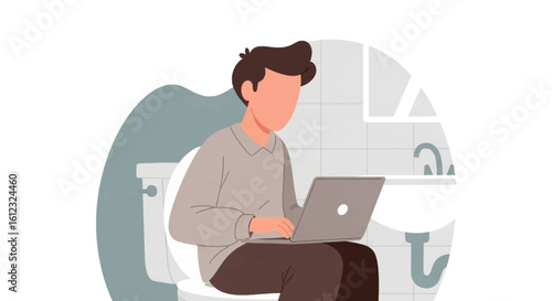 Man working on laptop while sitting on toilet - Illustration for articles about work-life balance, remote work challenges, or humorous situations.