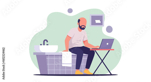 Man working on laptop in bathroom, perfect for remote work, work from home, or flexible work articles.
