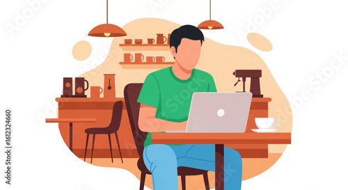 Man working on laptop in a cafe, perfect for websites and blogs about remote work, coffee shops, or freelance lifestyle.