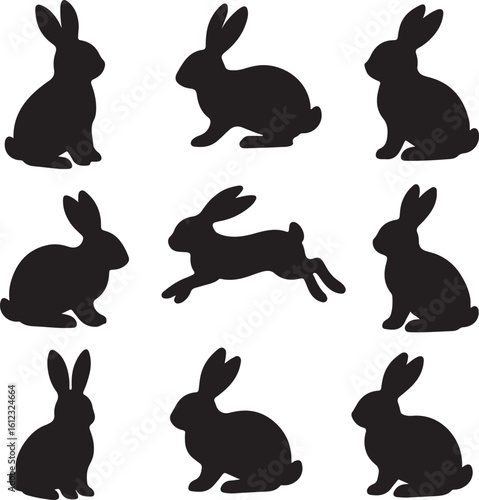 Easter bunny silhouettes. Set of silhouettes of rabbits in different poses  on white background