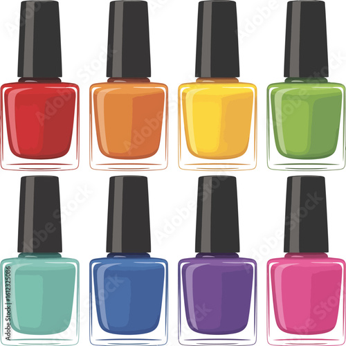 Collection of eight colorful nail polish bottles arranged in two rows