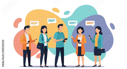 Diverse team of professionals collaborating and communicating using mobile devices and tablets. Ideal for presentations about teamwork, communication, and technology.