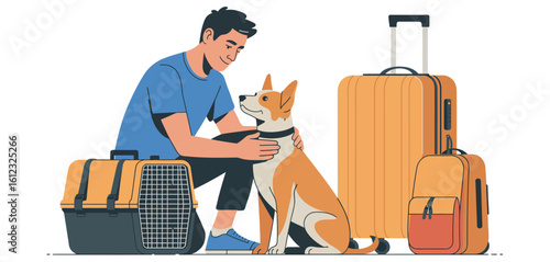 Man and dog ready for travel with luggage and pet carrier