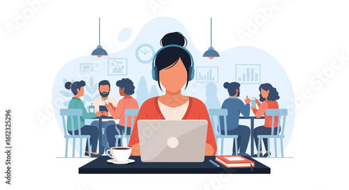 Woman working on laptop in a cafe, ideal for illustrating remote work, coworking spaces, or freelance lifestyle.