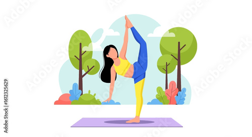 Woman doing yoga outdoors, perfect for wellness websites or brochures.