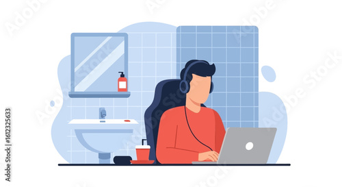 Man working on laptop in a modern bathroom, perfect for articles about remote work or work-life balance.