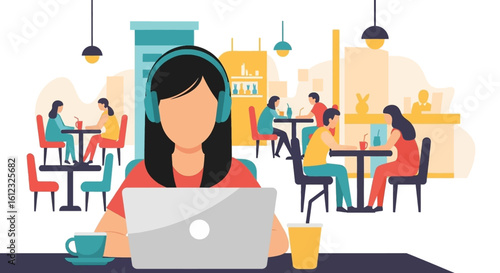 Woman working on laptop in a busy cafe, perfect for blog posts about remote work or co-working spaces.