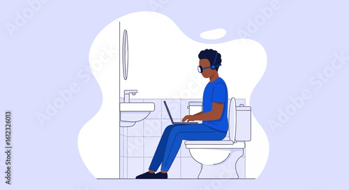 Person working on laptop while sitting on toilet - Illustration for articles about work-life balance, remote work challenges, or humor.