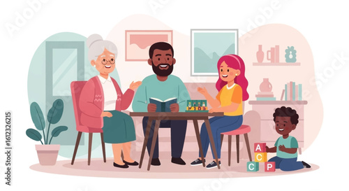 Multigenerational family playing games and reading together at home. Perfect for illustrating family bonding, togetherness, and intergenerational relationships.