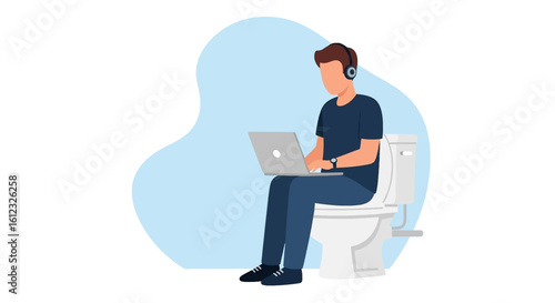 Man working on laptop while sitting on toilet - humorous illustration for website or blog.
