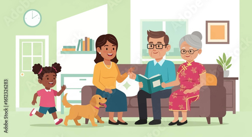 Happy multigenerational family with dog at home, perfect for family, togetherness, and generational themes.