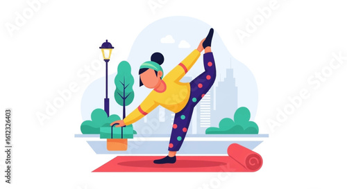 Woman practicing yoga outdoors in city park. Perfect for blogs, fitness websites or health publications.