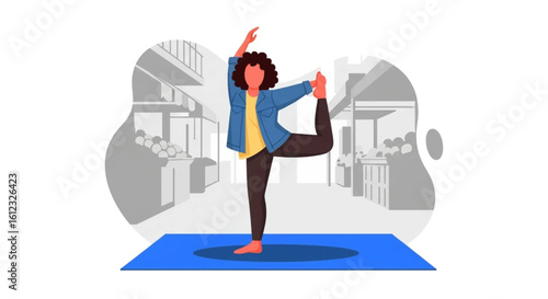 Woman doing yoga in a market - perfect for healthy lifestyle blogs and websites.