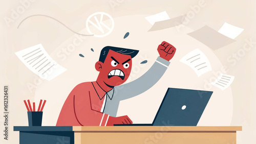 Angry businessman at his desk, frustrated with work. Illustration for articles about stress, burnout, or workplace anger.