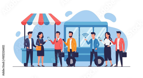 Modern business people using smartphones and electric unicycles, perfect for website banners and presentations.