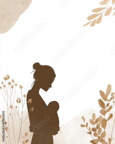 Silhouette of female holding baby amidst nature-inspired background. Mother’s Day, World Breastfeeding Week, Global Day of Parents