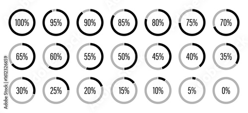 Percentage infographics elements. Round diagrams icons for infographics from 0 to 100 percent. Black, grey color fill divided pie charts indicator layout. Mockup of circle graph loading progress.