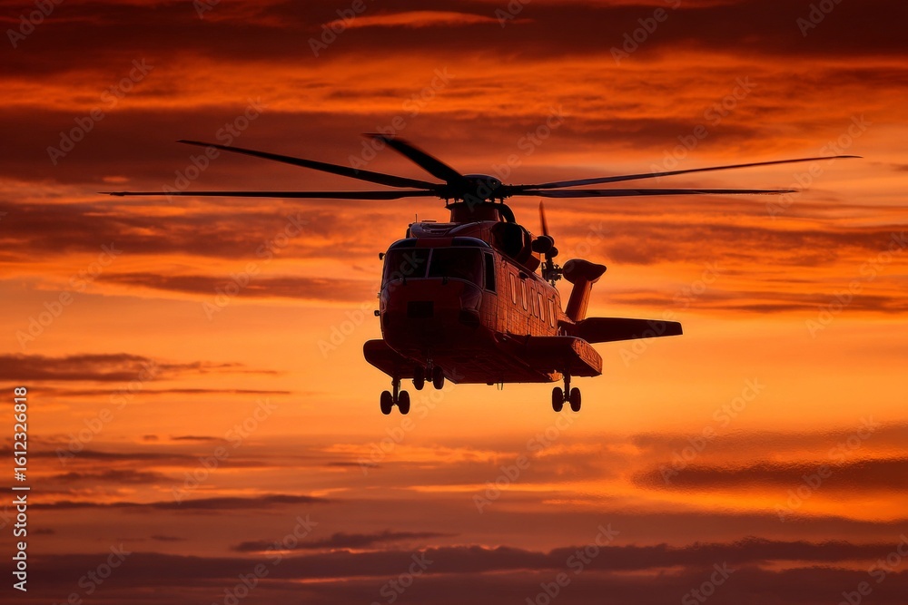 Fototapeta premium New horizons: s-92 helicopter represents aviation advancement. Tranquil flight. Transforming aviation: sikorsky s-92 sets new standards in firefighting. Aerial support. Coastal oil rigs.