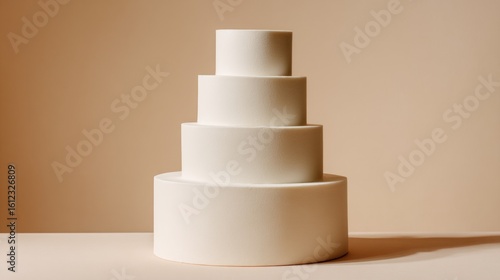 Elegant minimalist white tiered cake on neutral background