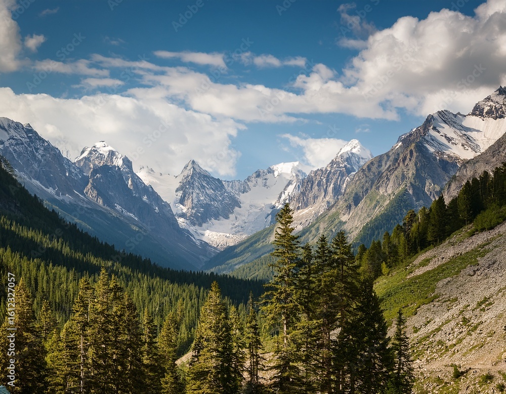 Fototapeta premium valley view with rocky mountains snowy peaks and evergreen trees under a partly cloudy sky day light