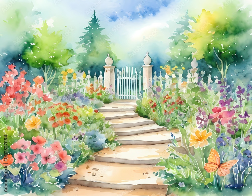 Obraz premium Colorful flowers bloom brightly along a winding path leading to a charming gate within a lush botanical garden, inviting visitors into a world of natural beauty and peace Generative AI