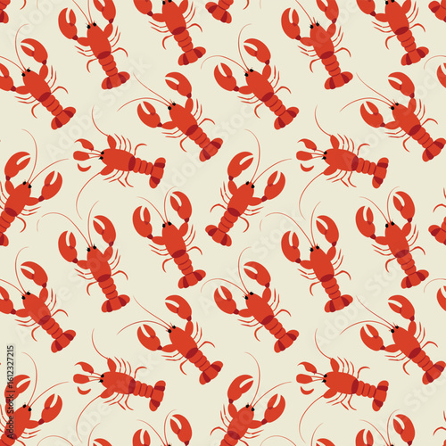 Seamless pattern of bright red lobsters on a light background
