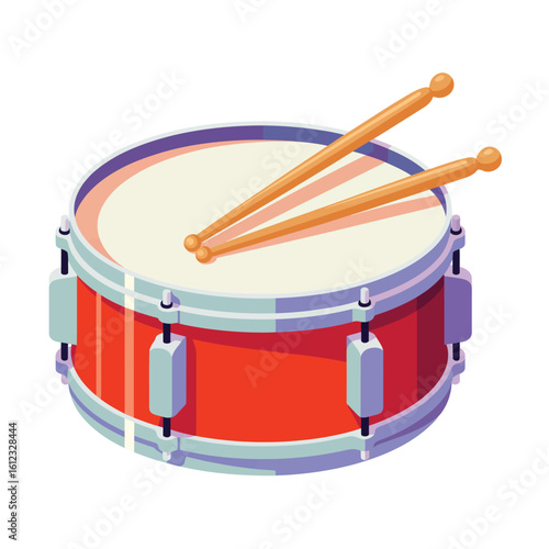 Cartoon snare drum with drumsticks isolated on white background