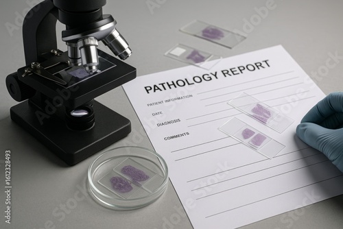 Close-up of microscope, pathology slides, and diagnosis report in lab