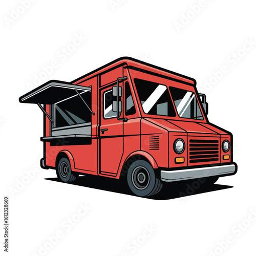 Classic red food truck with serving window open