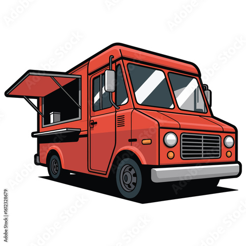Retro red food truck with open serving window and awning