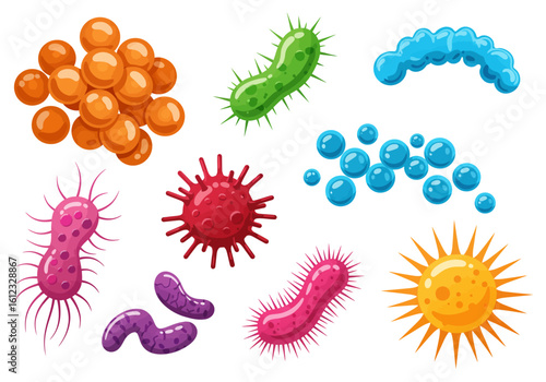 Vibrant cartoon illustrations showcase diverse colorful bacteria viruses and germs in dynamic arrangements perfect for science and health education