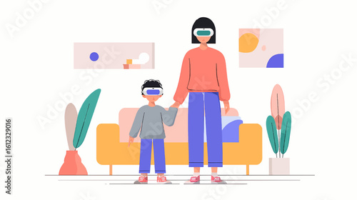 Minimalist Vector of Parent Helping Child Use VR for Learning at Home