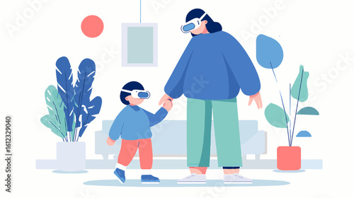 Minimalist Vector of Parent Helping Child Use VR for Learning at Home