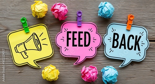 Colorful speech bubble concept illustrating feedback, with megaphone and crumpled paper.