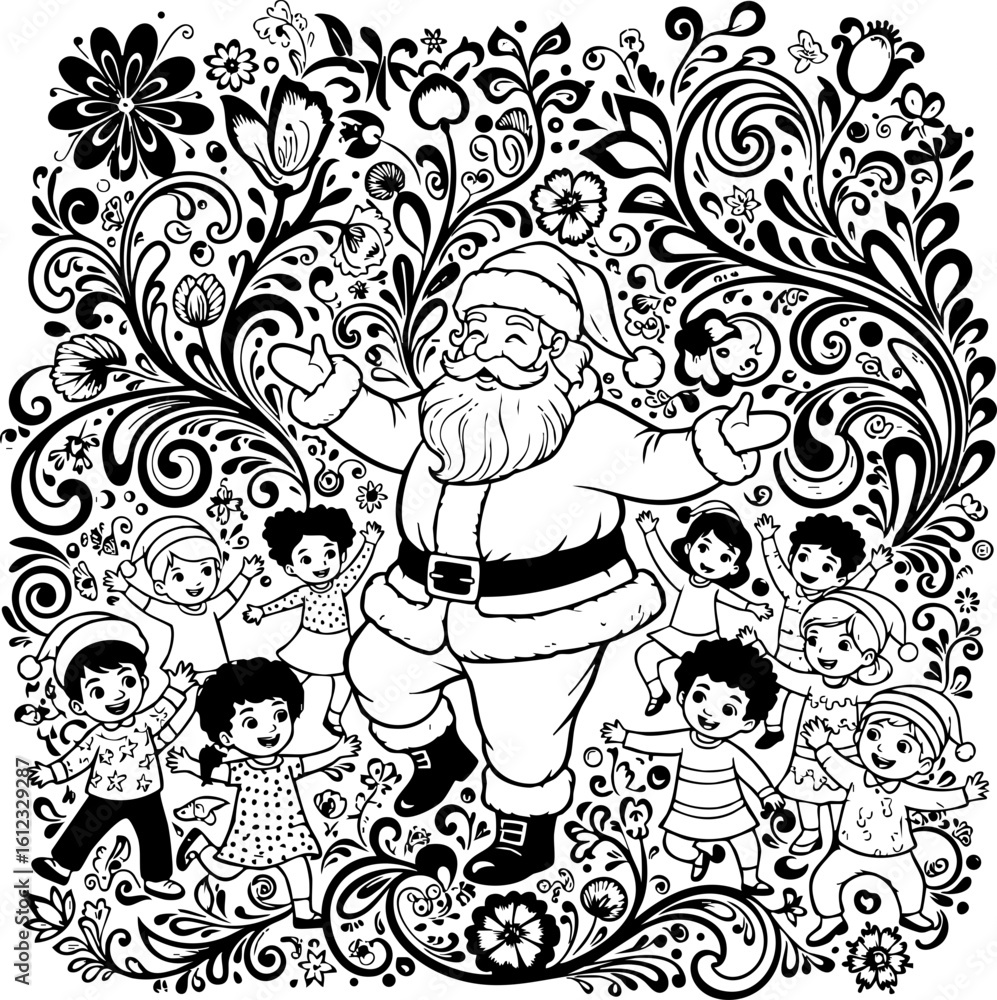 Fototapeta premium xmas, child, cartoon, coloring, coloring book, illustration, drawing, children, christmas, vector, fairytale, animal, outline, bear, winter, toy, flowers, childhood, sketch, art, cat, clip-art, forest