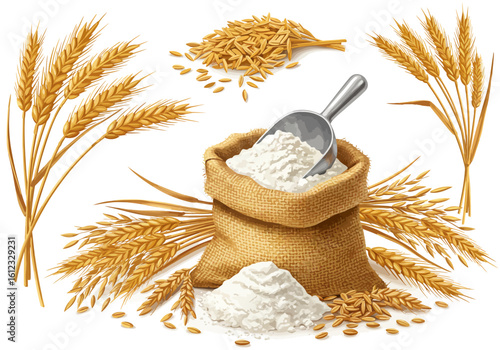 Golden wheat stalks and flour spill from a rustic burlap sack with a metal scoop, showcasing natural grain harvest and baking ingredients
