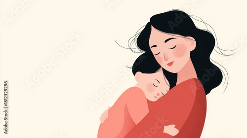 Loving embrace of asian mother and child in warm artwork. Attachment parenting, maternity leave, Breastfeeding