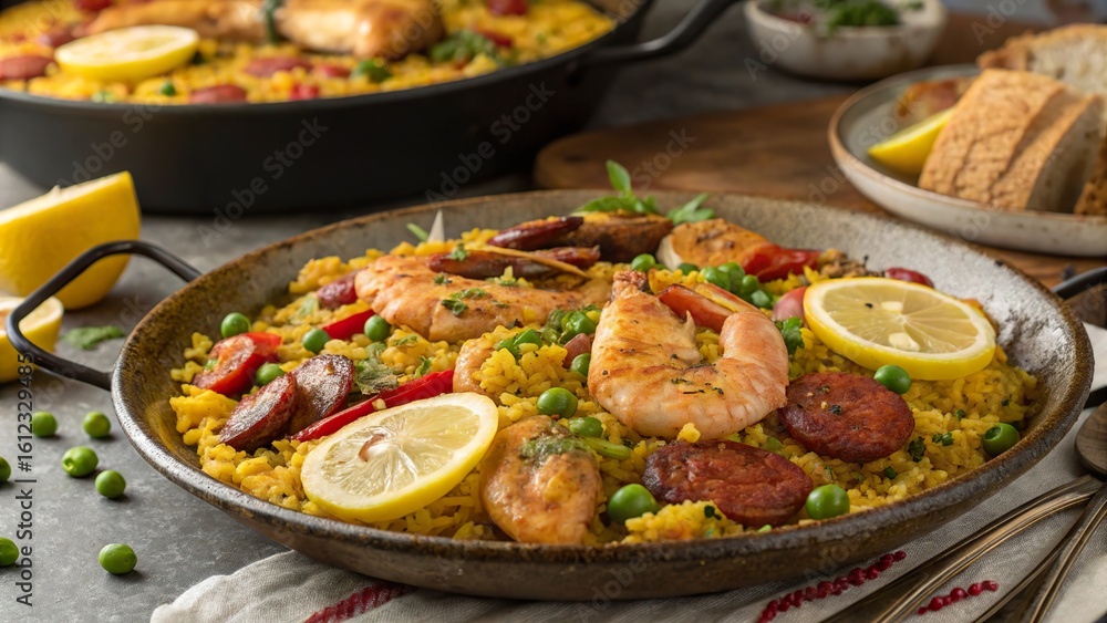 Savoring the vibrant flavors of traditional Spanish paella with saffron rice and fresh seafood at a family gathering Savoring the vibrant flavors of traditional Spanish paella with saffron rice and fresh seafood at a family gathering