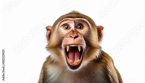 a monkey with an open mouth showcasing its expressive features against a white isolated background