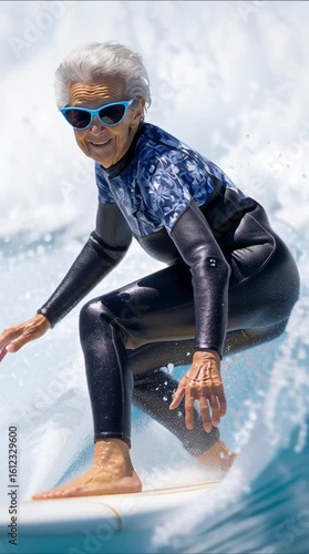Older woman surfing on a surfboard on the ocean waves