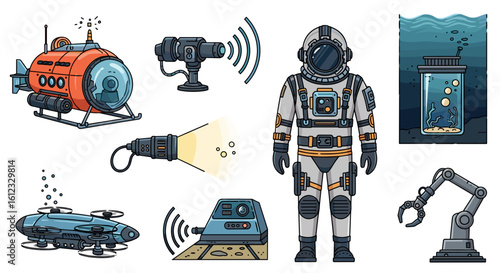 Illustration displaying an astronaut, submarine, drone, and various underwater exploration tools