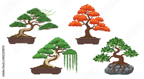 Illustration of four bonsai trees with different leaf colors and styles in brown containers
