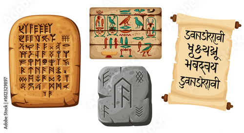 Illustration of ancient artifacts including a stone tablet with runes, hieroglyphs and a scroll