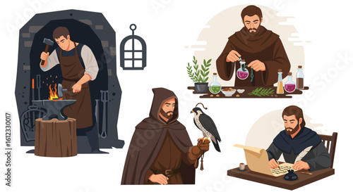 Illustration showing a blacksmith, alchemist, falconer, and scribe in medieval or fantasy setting