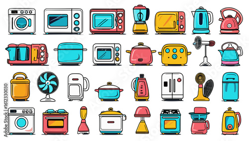 A collection of various kitchen appliances including ovens blenders and washing machines displayed together