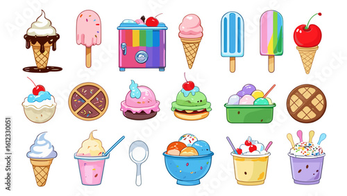Illustration showcasing a variety of colorful ice cream treats and desserts in different styles and flavors