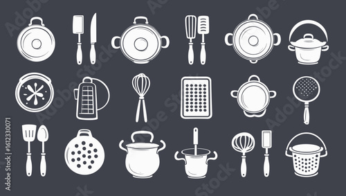 Illustration showing various kitchen utensils including pots pans whisks and cooking tools arranged neatly