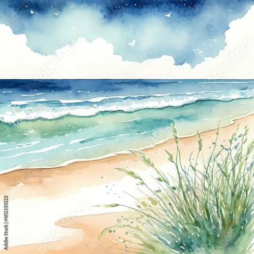 Wallpaper Mural Immersed in tranquility, a watercolor artwork captures sandy dunes meeting the sea, with gentle waves lapping against the shore while a vibrant sky enhances the serene atmosphere Generative AI Torontodigital.ca