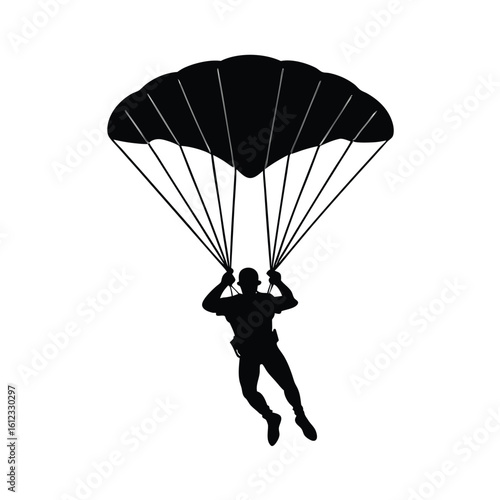 Skydiver descending with parachute silhouette