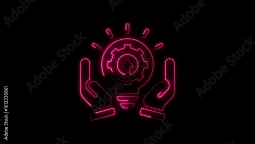 Pink neon lightbulb with gear and arrow icon held by hands on black background